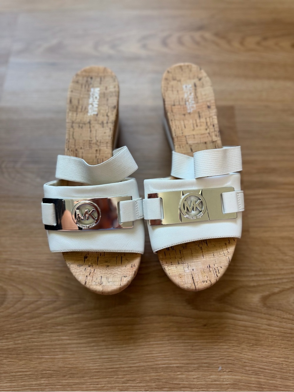 Michael Kors White Cork Slide Sandals with Silver MK Plaques